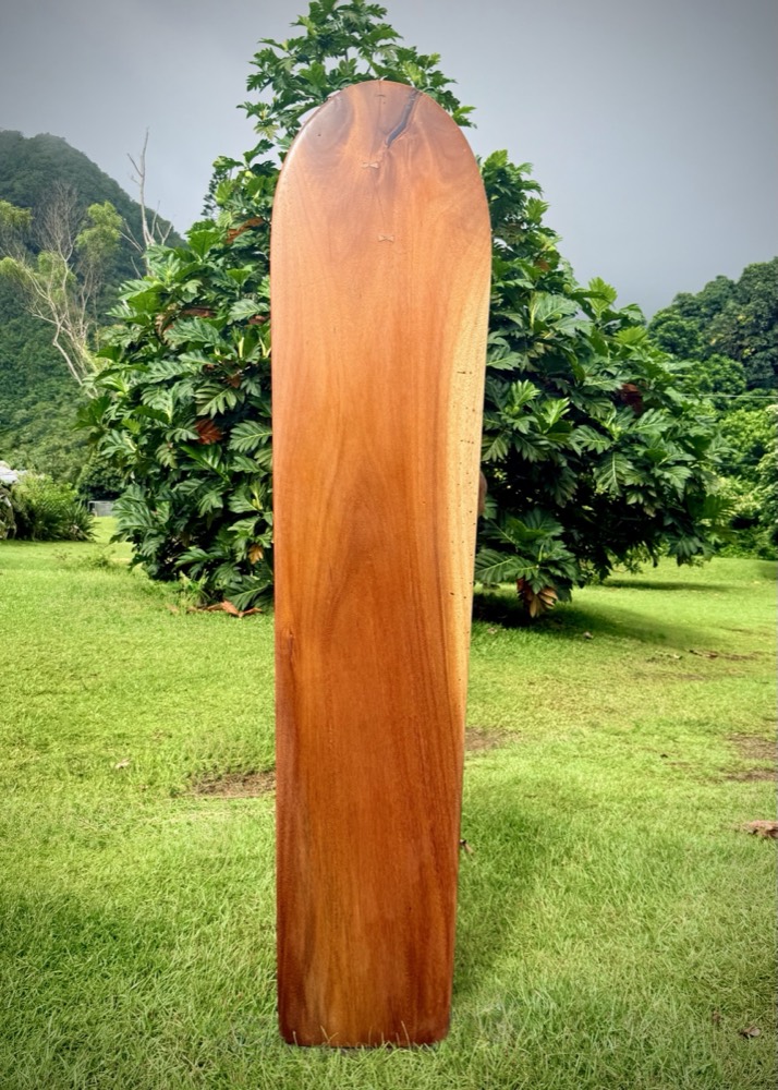 A wooden surfboard standing upright on its tail in mown grass, pale golden brown with a long straight grain and a rounded nose. Two small butterfly keys are set into the deck near the nose. Breadfruit trees and a ridge under low cloud behind it.